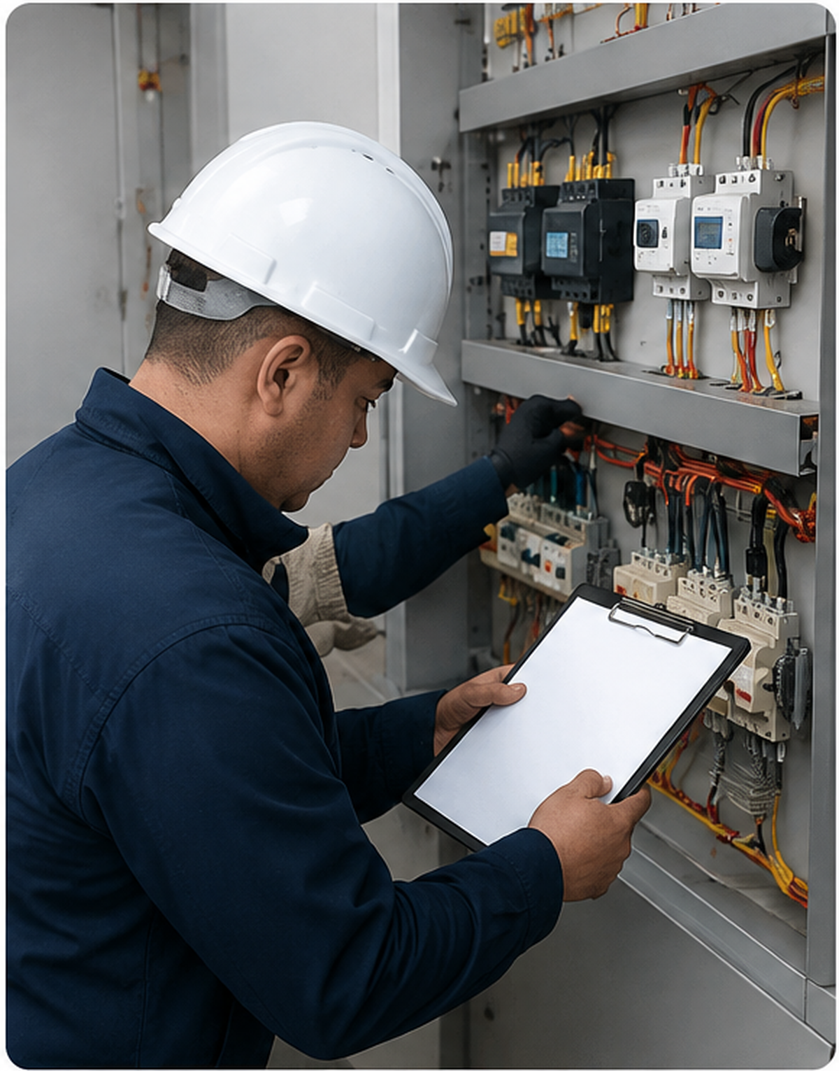 Técnico realizando una evaluación de los sistemas eléctricos de una cabina de pintura