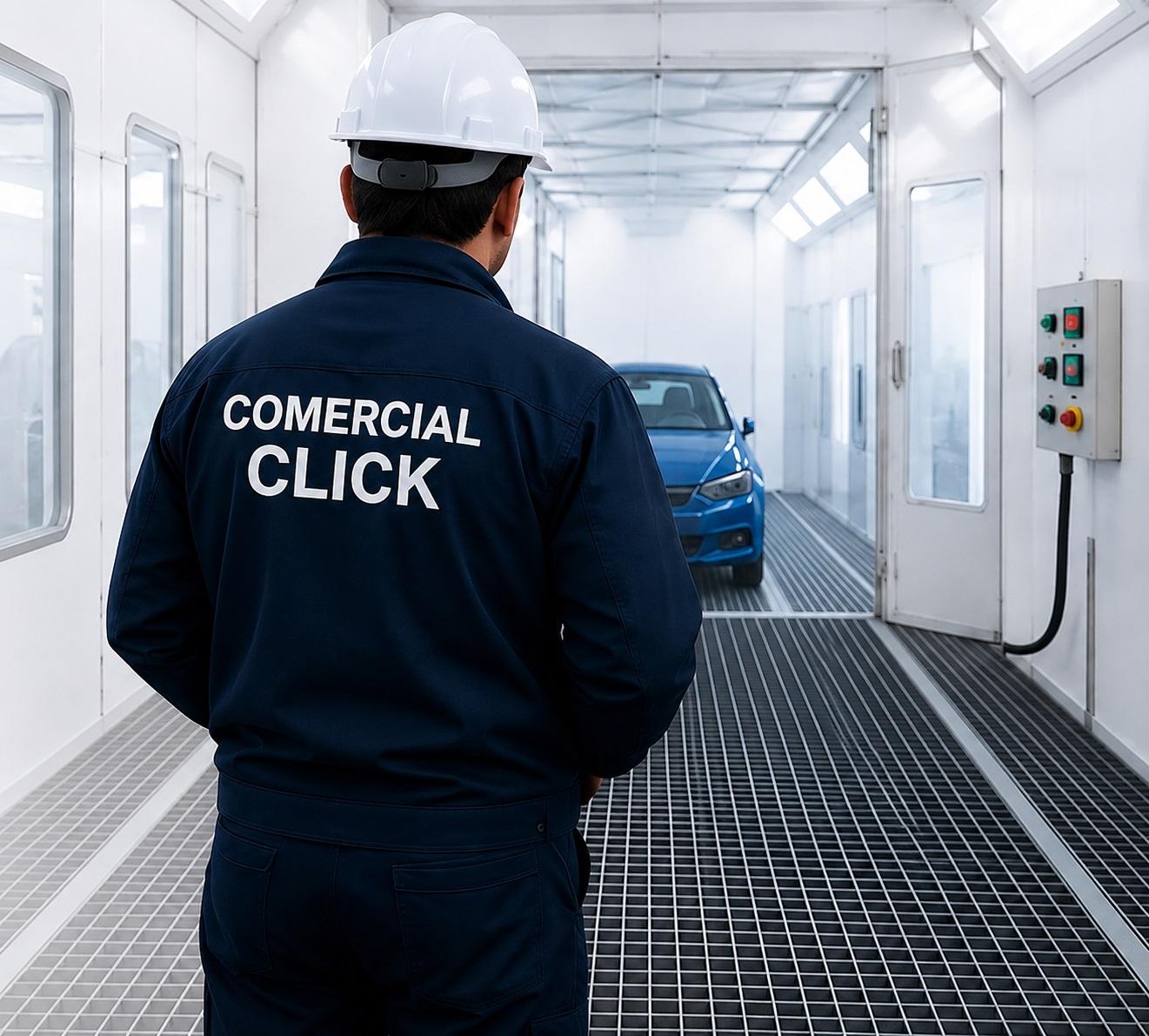 Técnico en una cabina de pintura durante una inspección de mantenimiento