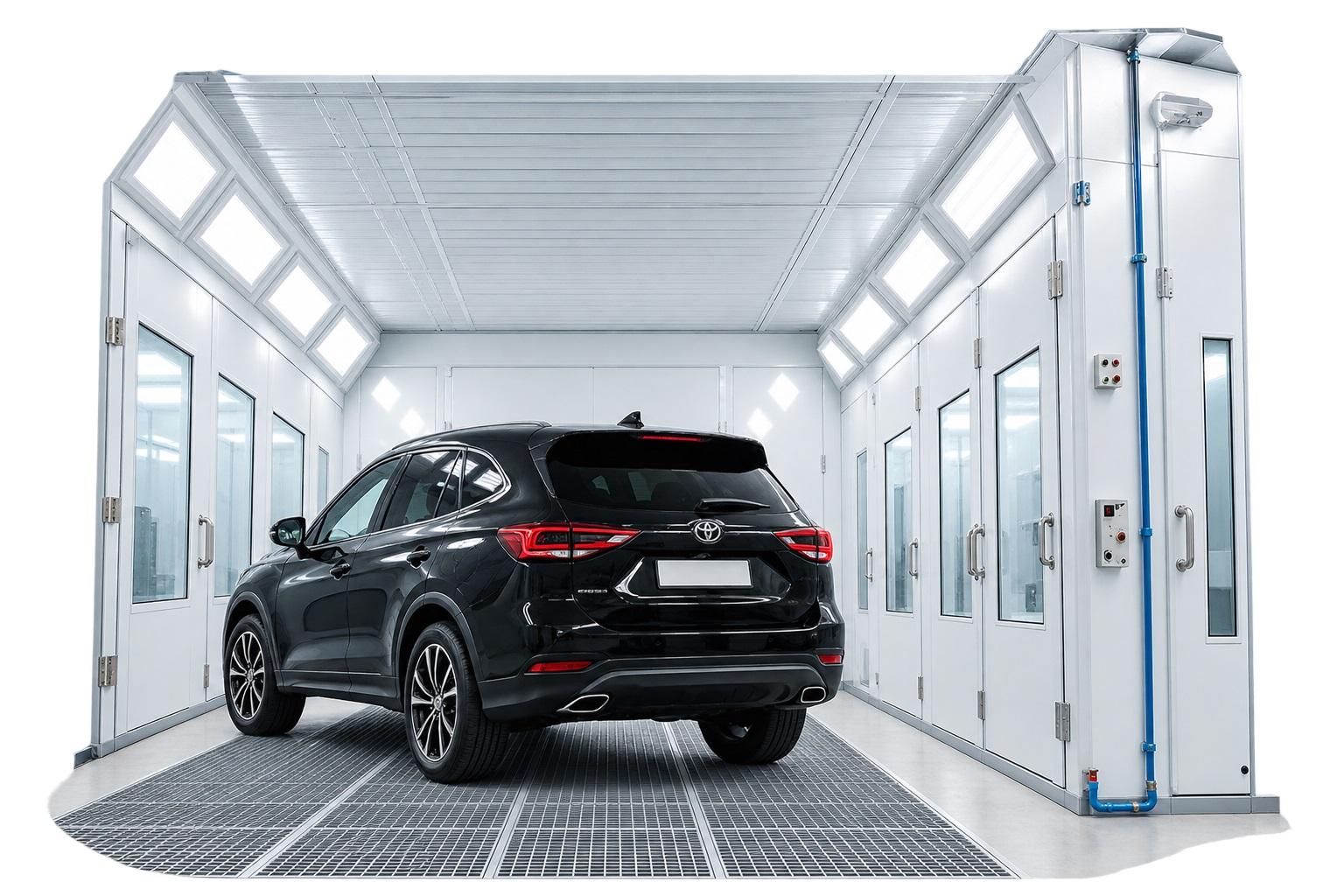 Cabina de pintura automotriz con vehículo en su interior